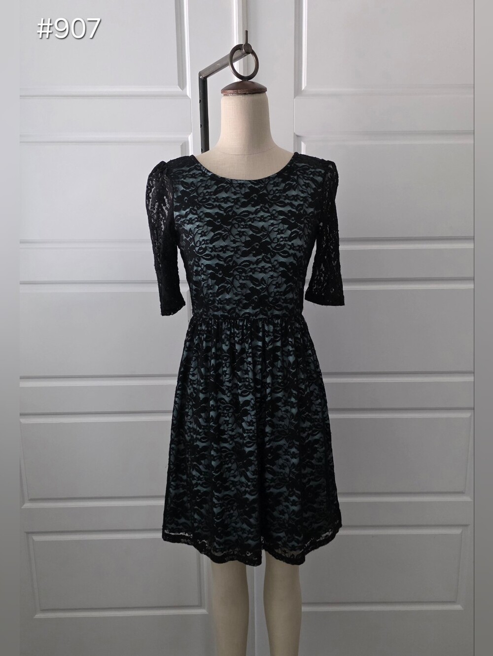 Mint Green with Black Lace Fit-and-Flare Semi-Formal Dress